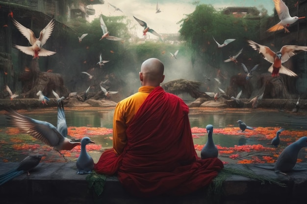 Un dipinto di un monaco che guarda gli uccelli