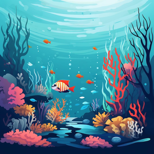 un dipinto di un mondo sottomarino con pesci e coralli