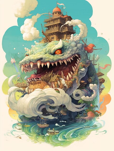 Un dipinto di un mostro con sopra una barca