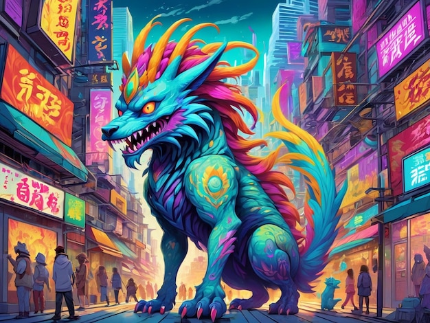 un dipinto di un mostro in mezzo a una città hyperbeast design alebrijes estetica