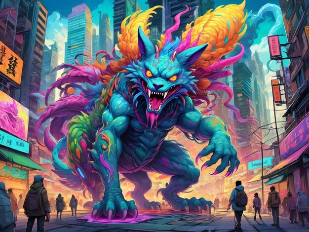 un dipinto di un mostro in mezzo a una città hyperbeast design alebrijes estetica