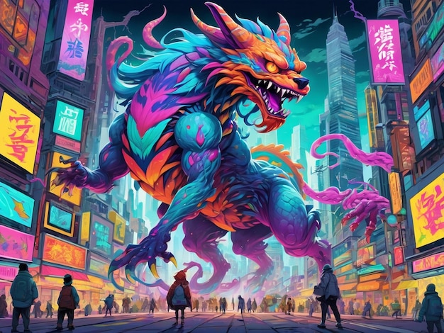 un dipinto di un mostro in mezzo a una città hyperbeast design alebrijes estetica