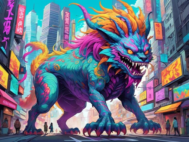 un dipinto di un mostro in mezzo a una città hyperbeast design alebrijes estetica