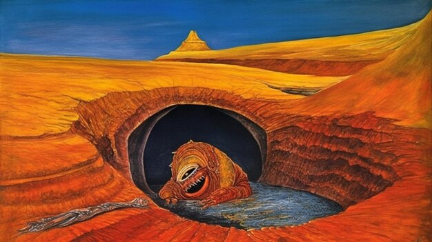 Un dipinto di un mostro in un deserto.