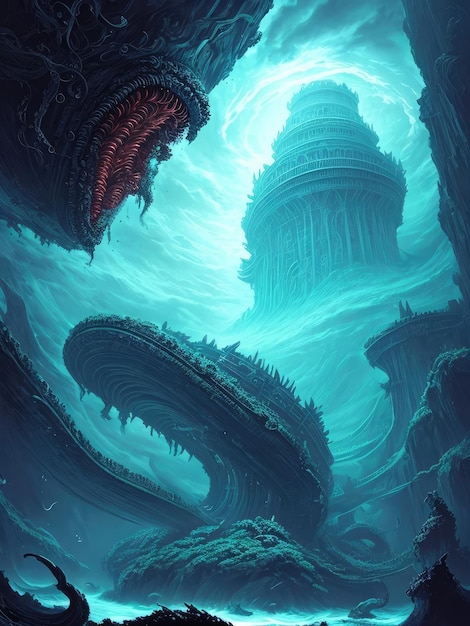 Un dipinto di un mostro marino con una grande bocca e un grande edificio sullo sfondo.