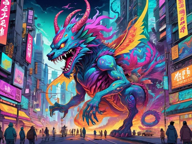 un dipinto di un mostro nel mezzo di una città hyperbeast design alebrijes estetica