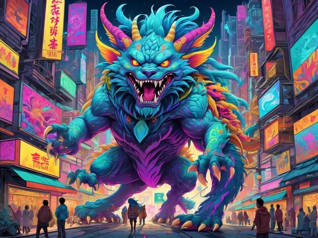 un dipinto di un mostro nel mezzo di una città hyperbeast design alebrijes estetica