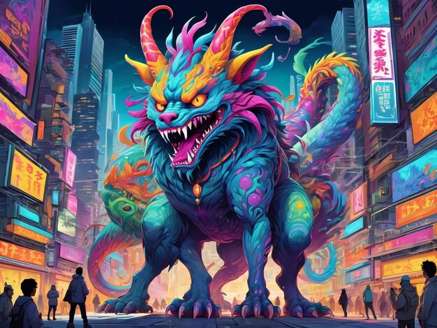 un dipinto di un mostro nel mezzo di una città hyperbeast design alebrijes estetica