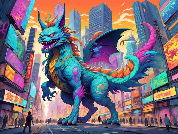 un dipinto di un mostro nel mezzo di una città hyperbeast design alebrijes estetica