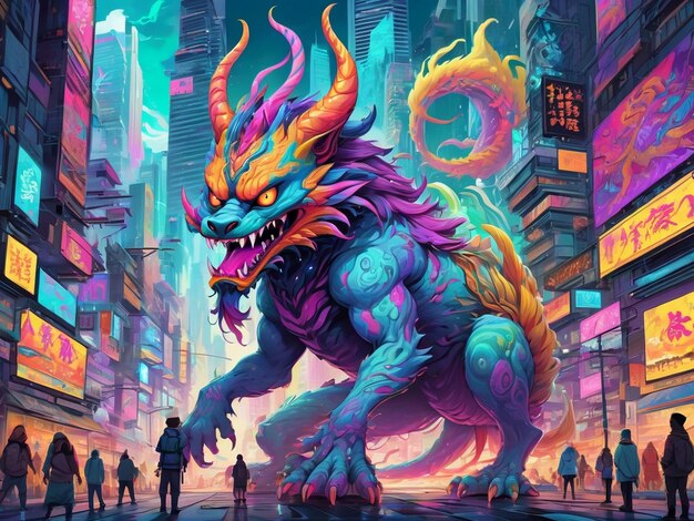 un dipinto di un mostro nel mezzo di una città hyperbeast design alebrijes estetica