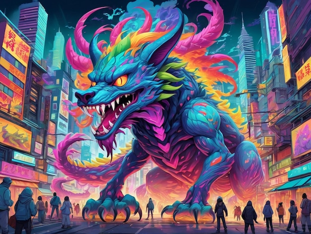 un dipinto di un mostro nel mezzo di una città hyperbeast design alebrijes estetica