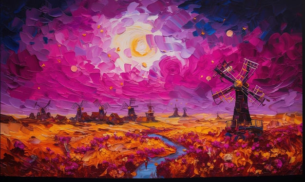Un dipinto di un mulino a vento con un cielo rosa e il sole che splende attraverso di esso.