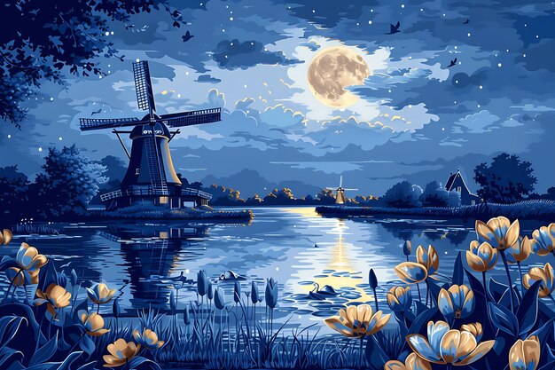 un dipinto di un mulino a vento e la luna sopra un lago