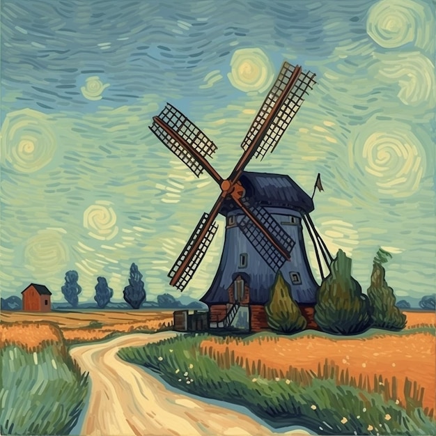 Un dipinto di un mulino a vento in un campo con un cielo stellato.