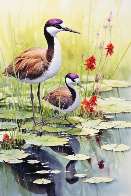 un dipinto di un'oca e di altri uccelli su uno stagno con fiori rossi.