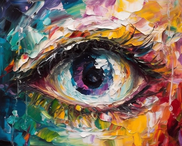 Un dipinto di un occhio arcobaleno con un occhio color arcobaleno.