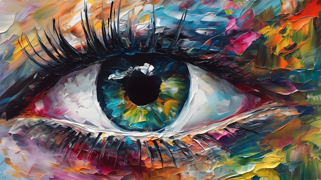 Un dipinto di un occhio azzurro con i colori dell'arcobaleno.