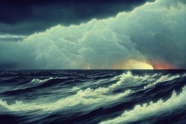 Un dipinto di un oceano in tempesta con un cielo blu e nuvole.