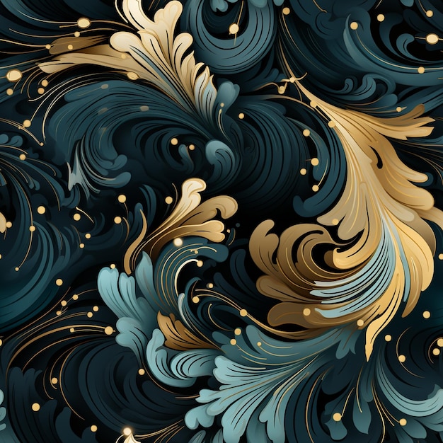un dipinto di un'onda con colori oro e blu.
