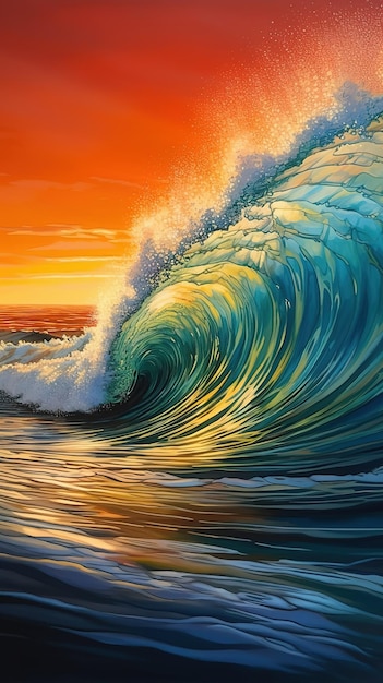 Un dipinto di un'onda con il sole che tramonta dietro di essa