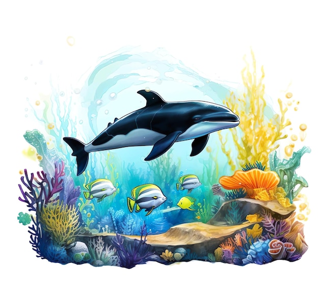 Un dipinto di un'orca nell'oceano con piccoli pesci che nuotano