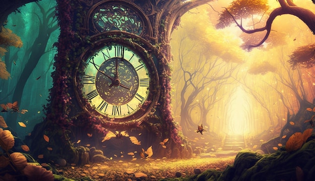Un dipinto di un orologio in una foresta con il tempo di 12 : 30.
