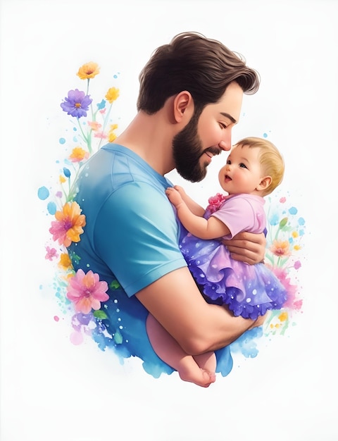 Un dipinto di un padre e il suo bambino con fiori