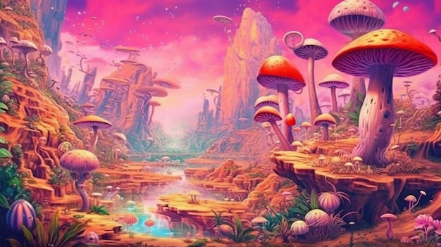 Un dipinto di un paesaggio con funghi e un fiume.