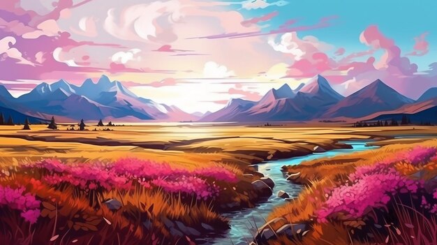 Un dipinto di un paesaggio con montagne e un fiume.