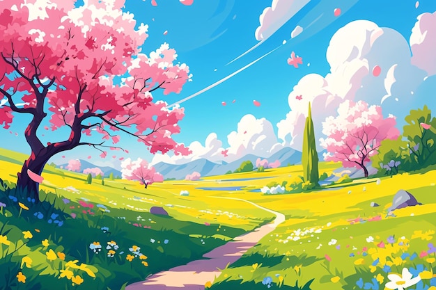 un dipinto di un paesaggio con un albero e un sentieroBella primavera paesaggio all'aperto cartone animato illustra