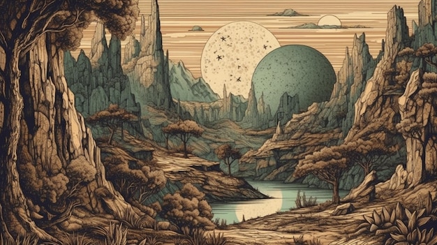 Un dipinto di un paesaggio con un grande pianeta al centro.