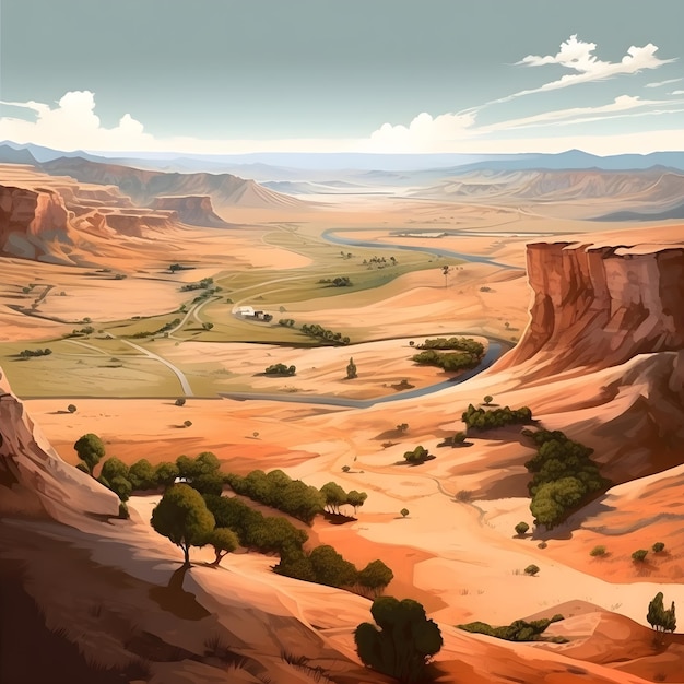 Un dipinto di un paesaggio desertico attraversato da un fiume.