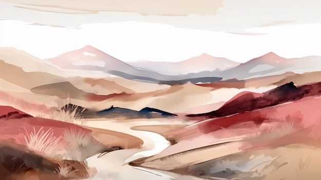 Un dipinto di un paesaggio desertico con montagne sullo sfondo.