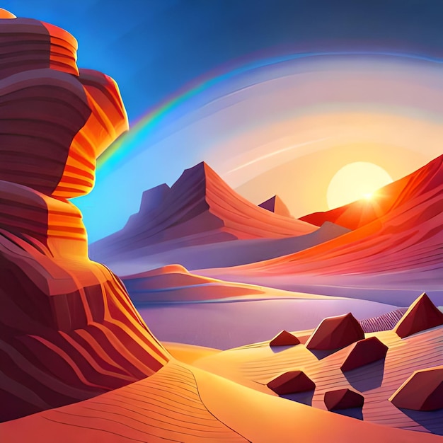 Un dipinto di un paesaggio desertico con un tramonto sullo sfondo.