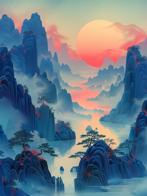 un dipinto di un paesaggio di montagna con un tramonto sullo sfondo paesaggio blu in stile cinese illu