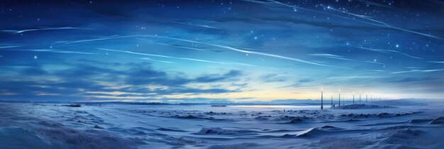 Un dipinto di un paesaggio innevato con le stelle nel cielo