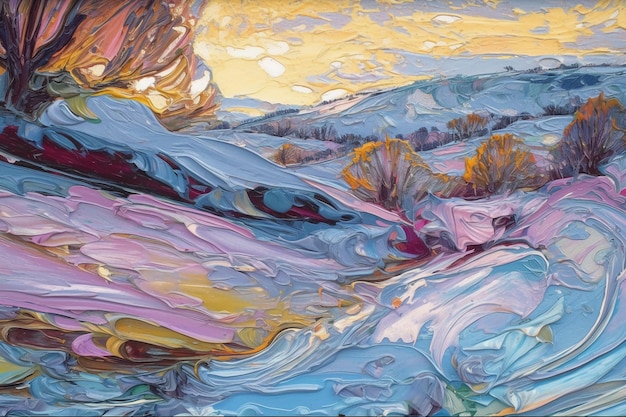 Un dipinto di un paesaggio innevato con una montagna sullo sfondo.