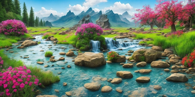 Un dipinto di un paesaggio montano con cascata e fiori.