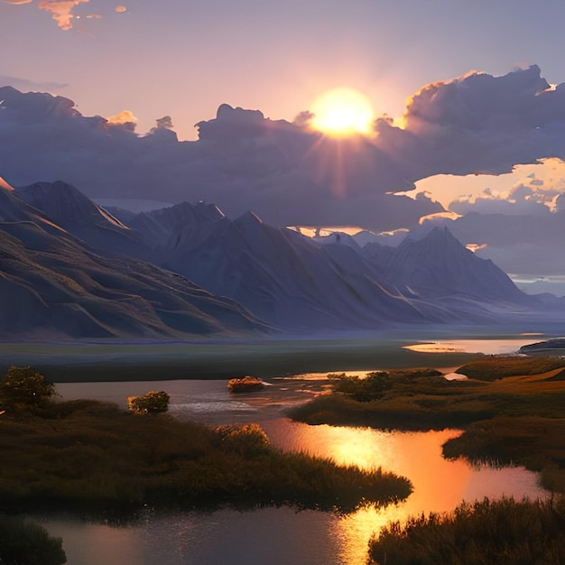 Un dipinto di un paesaggio montano con il sole che splende all'orizzonte.