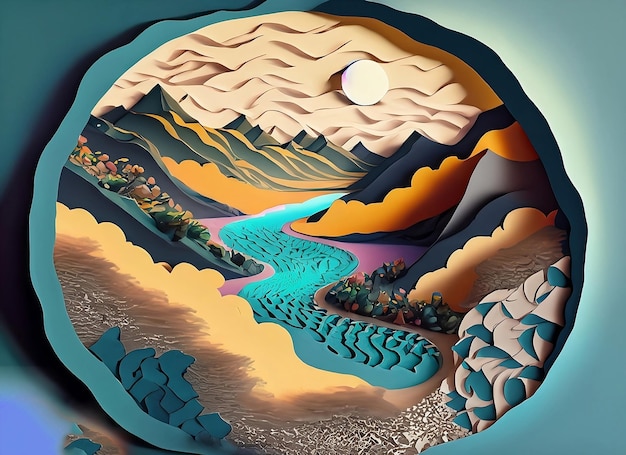 Un dipinto di un paesaggio montano con un fiume e montagne sullo sfondo.