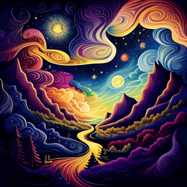 un dipinto di un paesaggio montano con un fiume e una luna luminosa ai generativa