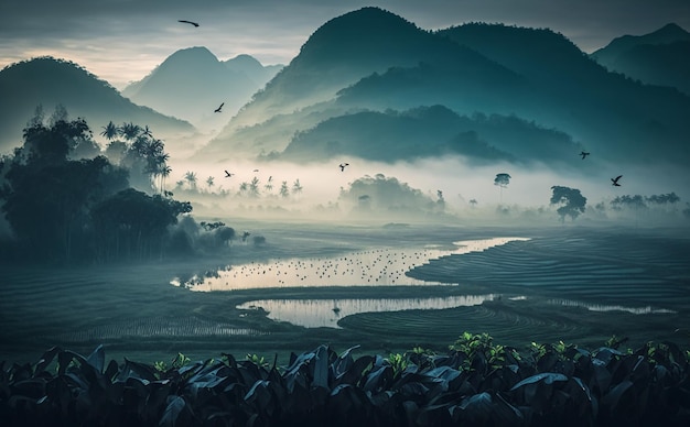 Un dipinto di un paesaggio montano con un lago e montagne sullo sfondo.