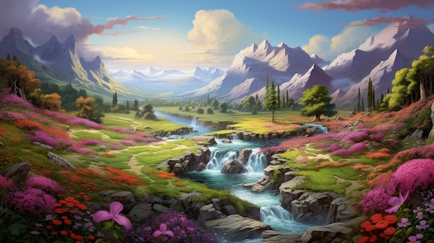 Un dipinto di un paesaggio montano con un ruscello