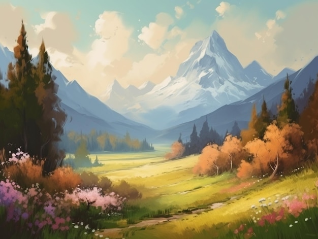 Un dipinto di un paesaggio montano con un sentiero che conduce alle montagne.