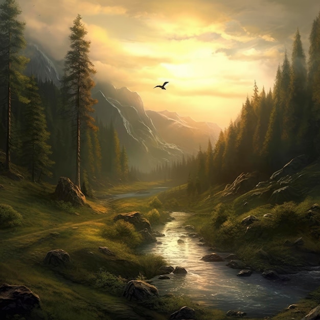 Un dipinto di un paesaggio montano con un uccello che lo sorvola.