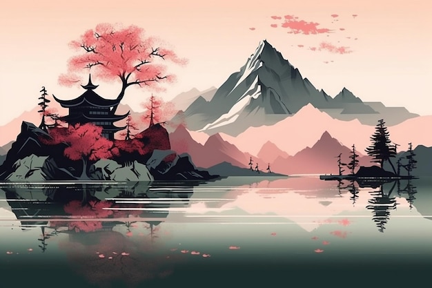 Un dipinto di un paesaggio montano con una casa giapponese e una montagna sullo sfondo.
