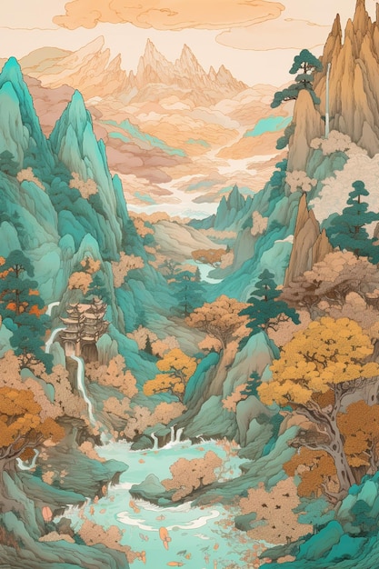 Un dipinto di un paesaggio montano con una cascata e una montagna sullo sfondo.