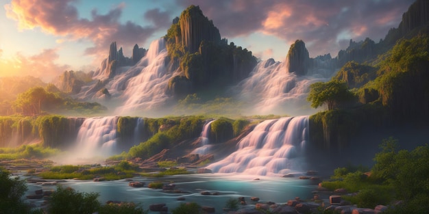 Un dipinto di un paesaggio montano con una cascata in primo piano.