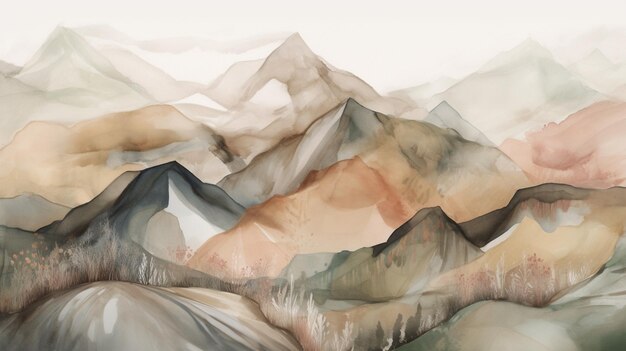 Un dipinto di un paesaggio montano con una montagna sullo sfondo.