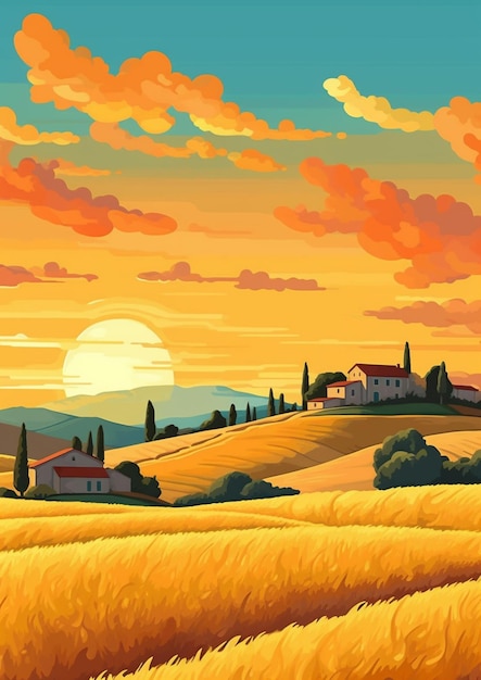 un dipinto di un paesaggio rurale con una fattoria e un tramonto ai generativo